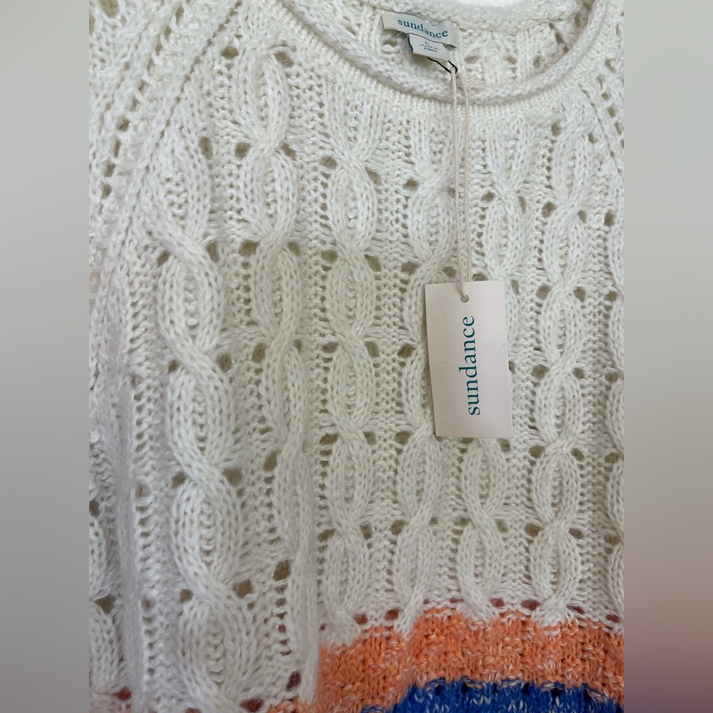 NWT Sundance Sweater Large Cotton wool Cream stripes Cable knit Catalog spring - Picture 5 of 12